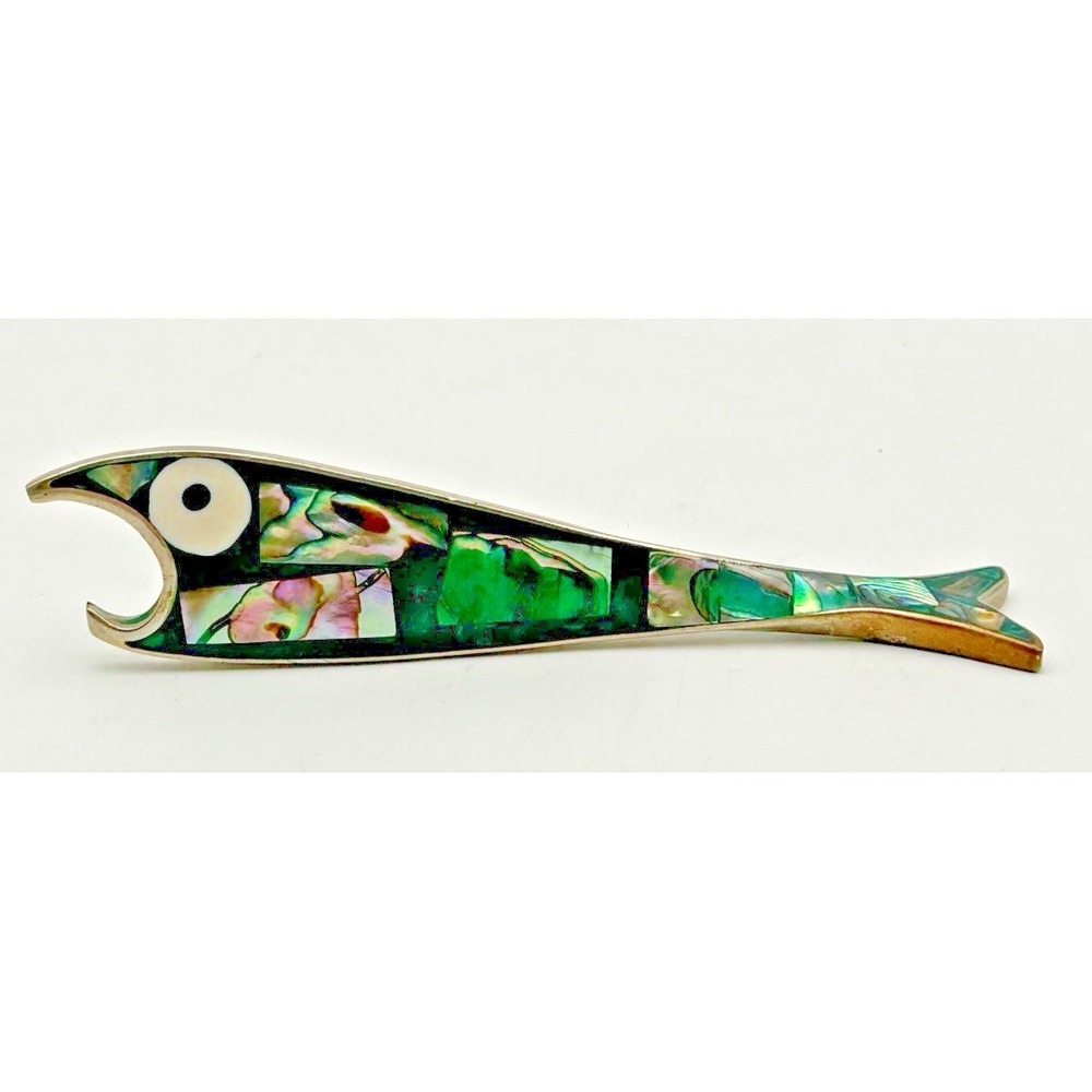 Vintage Mexico Fish Shaped Pendant And Bottle Opener Nickel Silver Abalone Inlay